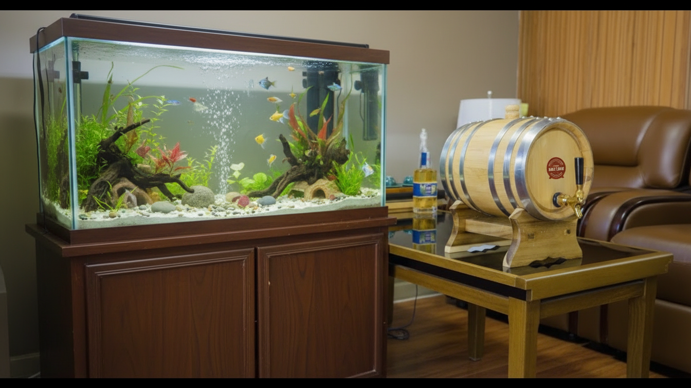 Gợi ý trang trí phòng khách bằng sự kết hợp HỒ THUỶ SINH & THÙNG RƯỢU GỖ SỒI